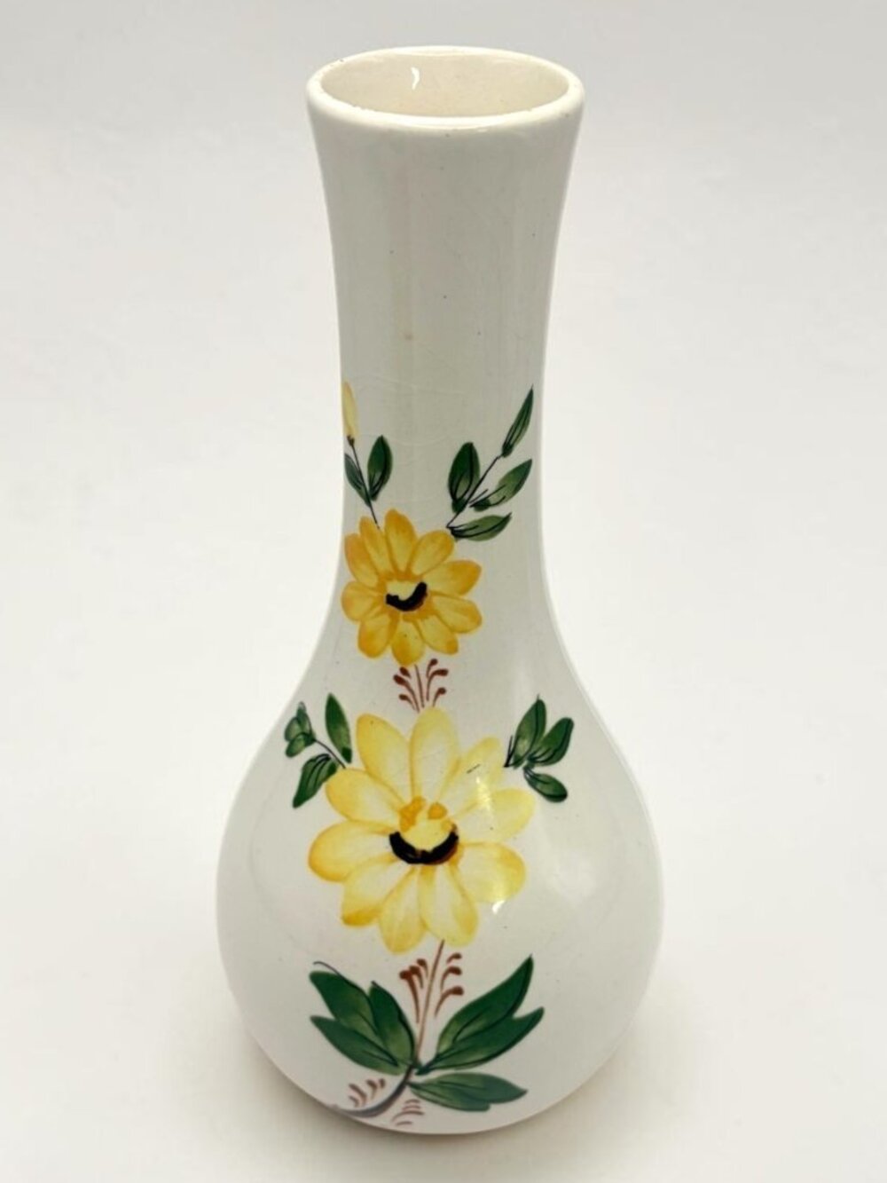 VTG FTD 1979 Sado Portugal Yellow Floral Ceramic Bud Vase White 8.25" Cottage